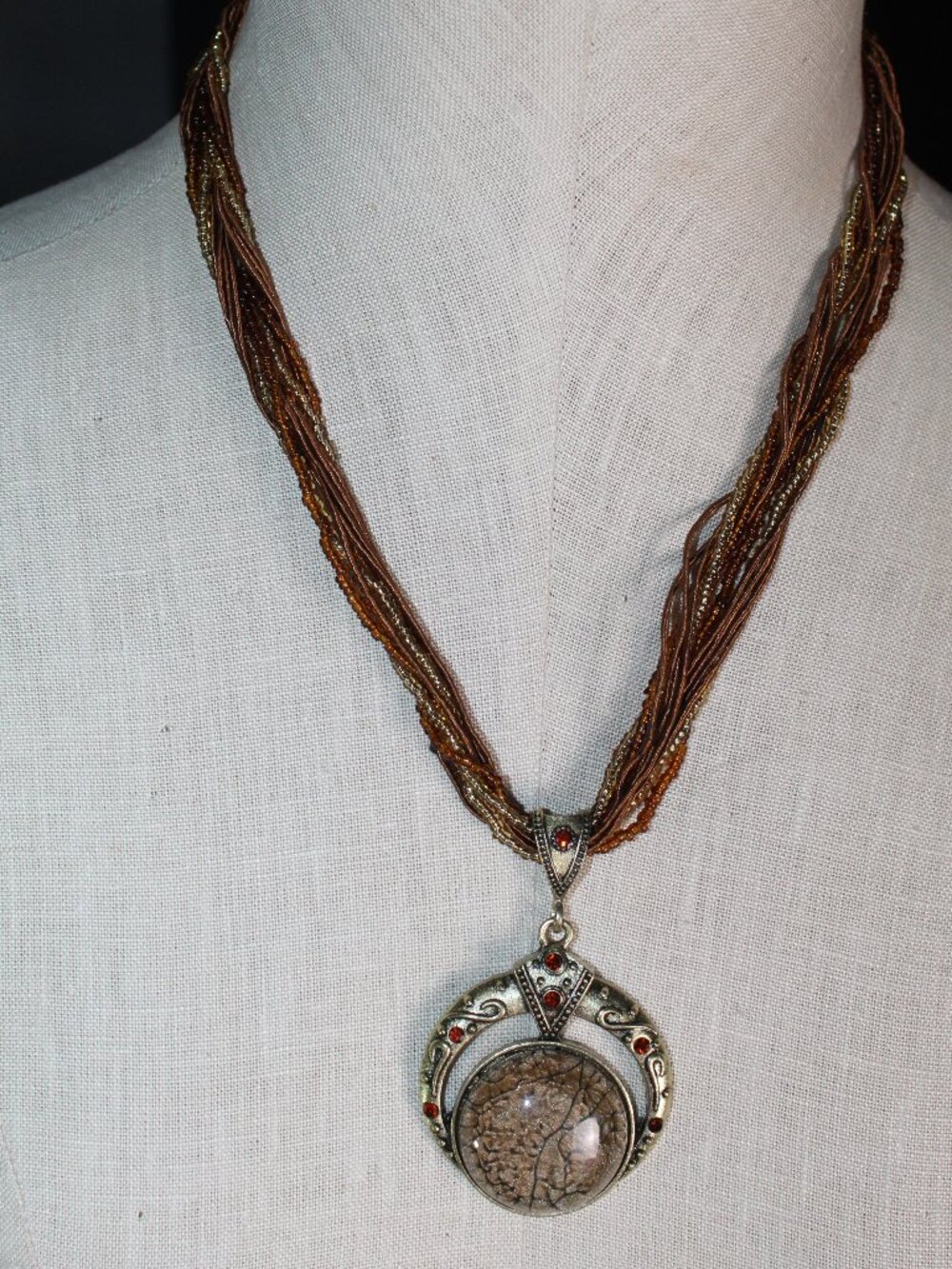 Brown Multi-strand Beaded & Cords 21" Necklace with Decorative Pendant